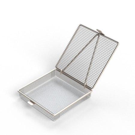 Anysizebasket Light Duty Basket: 6Lx6Wx1H, 304 SS, Hinged Lid with Thumb Clasp, No Handles, Mesh: 4 x .032 FLB-060060010-L04S